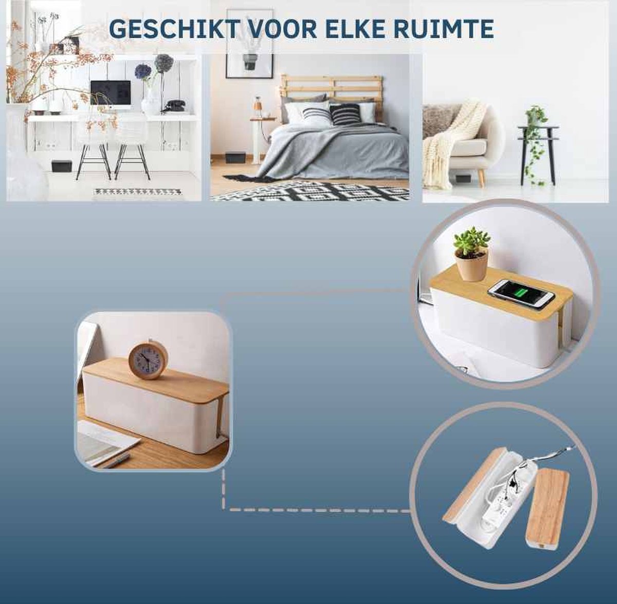 BUDDLEY® Kabelbox Wit Bamboe (SET M en L)  - Kabel Organiser Bureau - Kabelbox Stekkerdoos