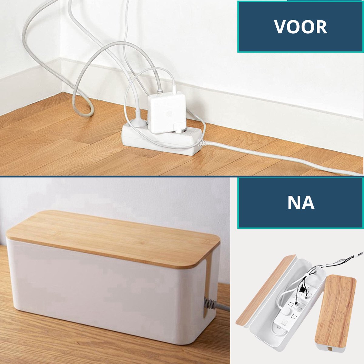 BUDDLEY® Kabelbox Wit Bamboe (SET M en L)  - Kabel Organiser Bureau - Kabelbox Stekkerdoos