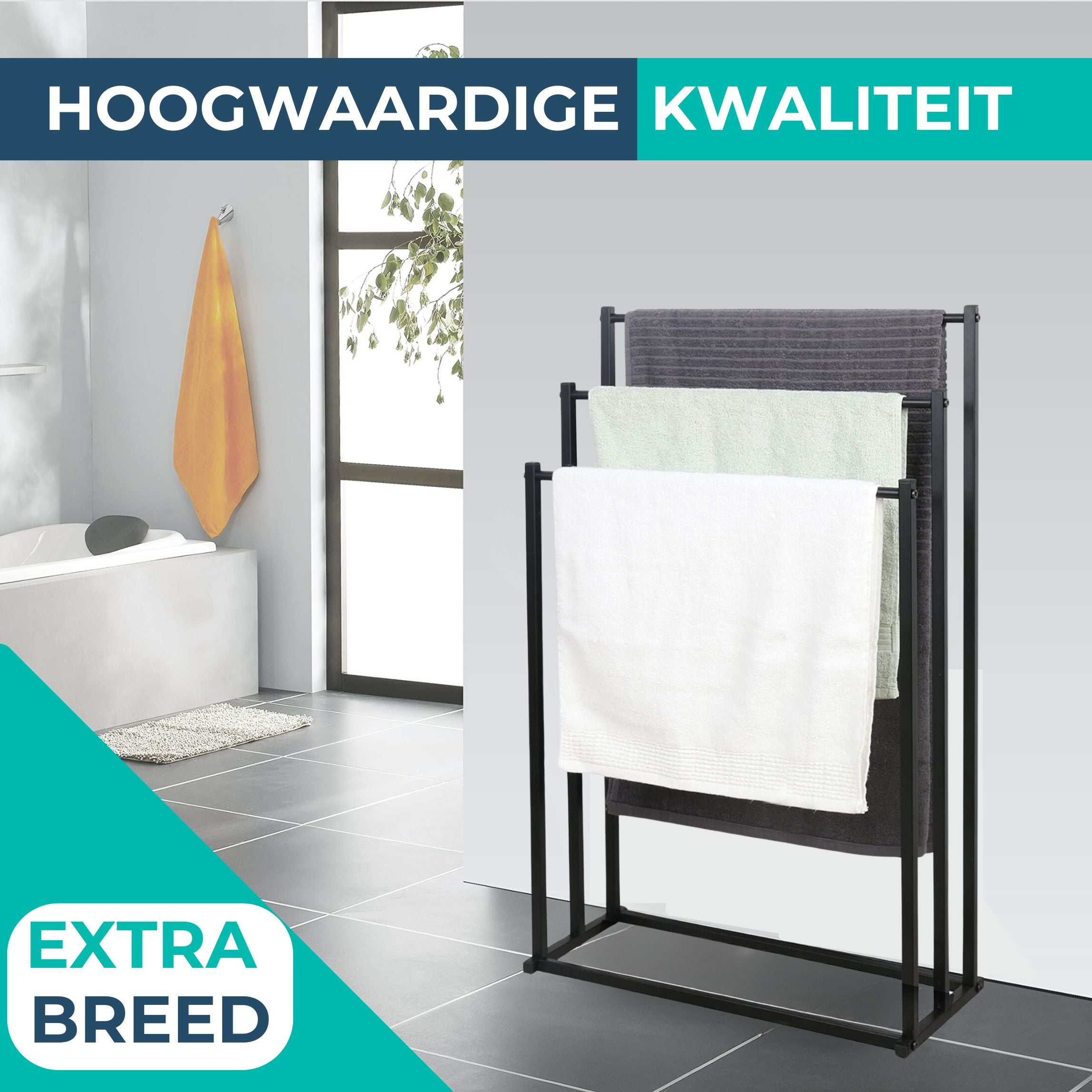 BUDDLEY Extra Breed Handdoekrek Zwart - Stijlvolle en Ruime Handdoekhouder