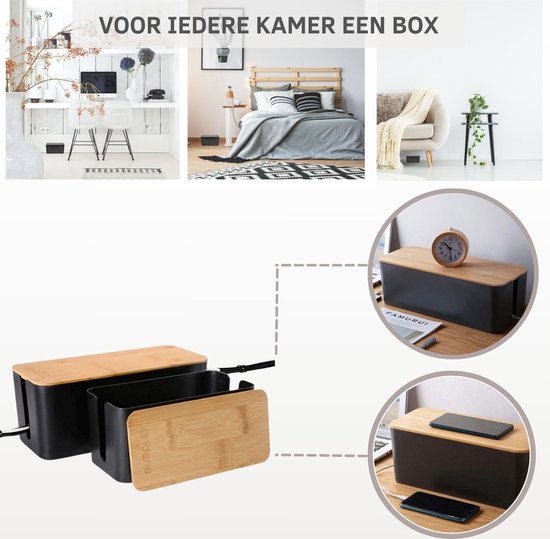 BUDDLEY® Kabelbox Zwart Bamboe (SET M en L) - - Kabelbox Stekkerdoos  - Kabelbox voor snoeren wegwerken