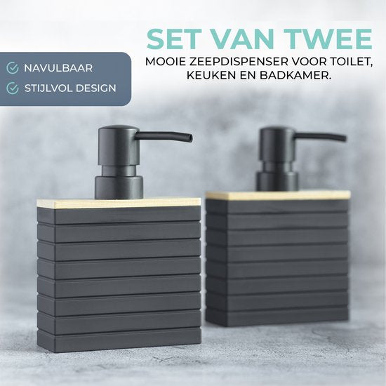 BUDDLEY - Zeeppompje Zwart 'Nightingale' SET - 2 Bamboe Zeepdispensers