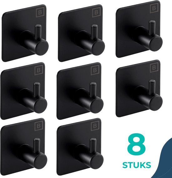 Ophanghaken (8 stuks) - Haakjes - Zelfklevend – Zwart - Plakhaakjes - Muurhaak - Handdoekhaakjes - Zonder Boren